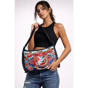 Ed Hardy Dead or Alive Hobo Bag Rhinestone Studded Tattoo Graphic Black NWT